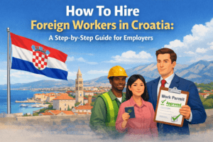 Illustration of employers hiring foreign workers in Croatia with Croatian flag and professionals holding work permit and passport