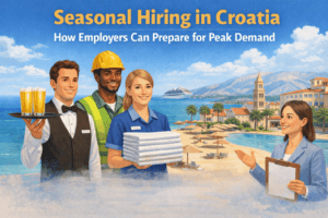 Illustration of seasonal workers in Croatia including waiter, construction worker, housekeeper, and employer with coastal background